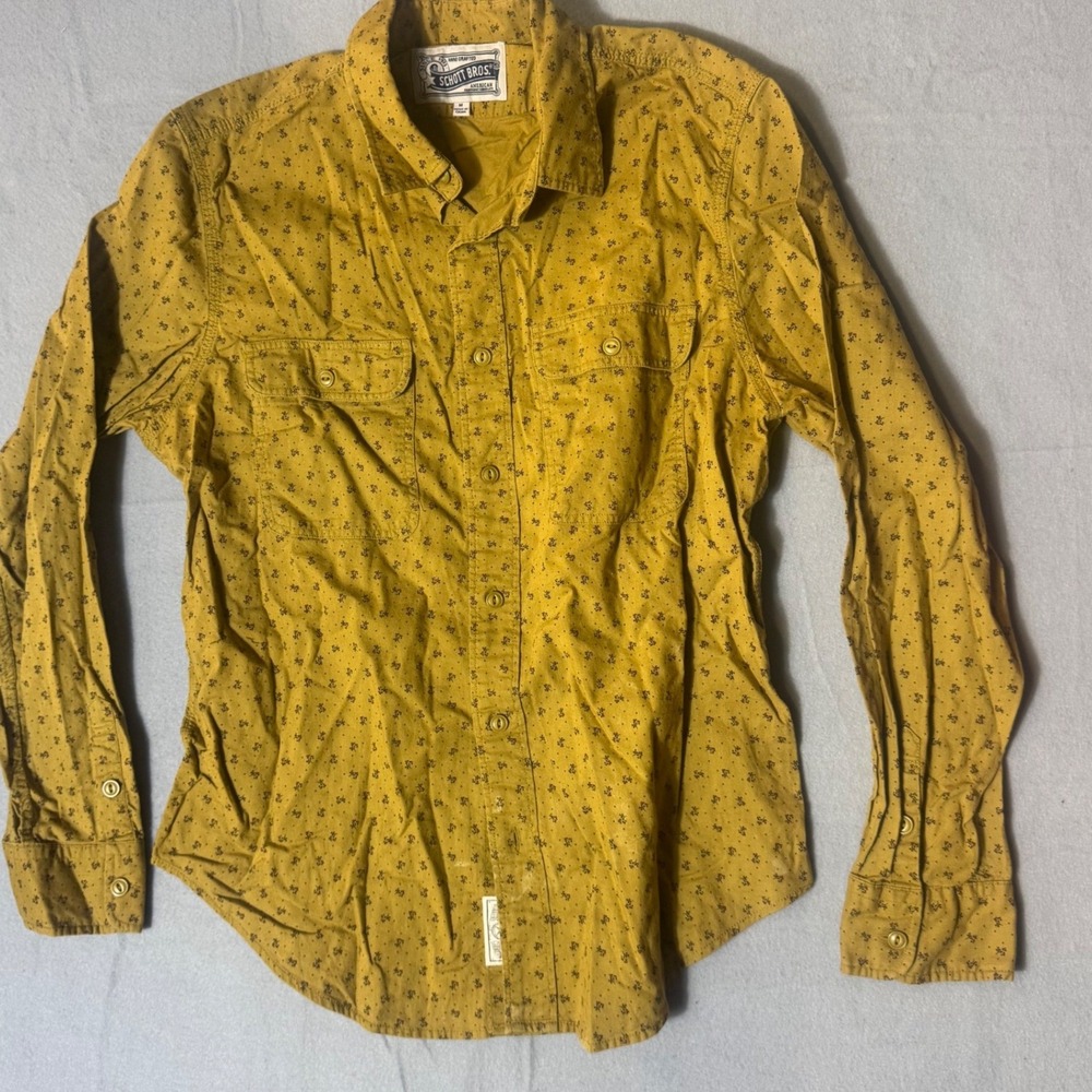 Schott Bros Mens Mustard Yellow Floral Micro Print Button Down Shirt M